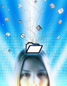 Woman surrounded by computer icons and binary, portrait