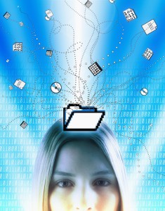 Woman surrounded by  computer icons and binary, portrait